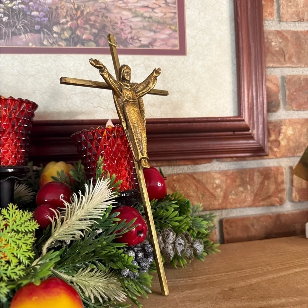 Vintage 1961 Heavy Gold Bronze Jesus Crucifix Religious Cross with Wall Holder